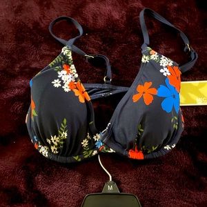 Floral navy bikini top and navy bottoms.